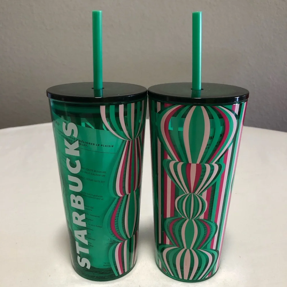 Starbucks (2) NEW Green and Pink Patterned Stripe‎ Ornaments Tumblers.Size 18oz.